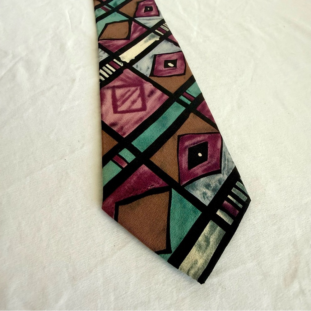 Vintage‎ CELLINI for J. RIGGINS Silk Tie Abstract Geometric Art Deco Pink Teal